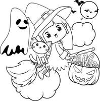 livre de coloriage halloween jolie petite fille sorcière vecteur