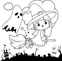 livre de coloriage halloween jolie petite fille sorcière vecteur