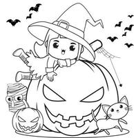 livre de coloriage halloween jolie petite fille sorcière vecteur