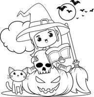 livre de coloriage halloween jolie petite fille sorcière vecteur