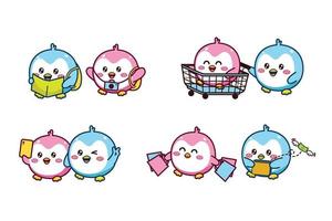 ensemble de couple kawaii mignon petit pingouin bleu et rose pour les médias sociaux autocollant emoji voyage shopping selfie pas d'émoticône d'argent vecteur