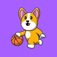 chien corgi mignon jouant au basket ball cartoon vector icon illustration. concept de dessin animé plat