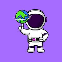 astronaute mignon jouant illustration d'icône de vecteur de dessin animé de boule de terre. concept de dessin animé plat