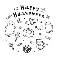 ensemble de griffonnages et de lettres d'halloween dessinés à la main kawaii. collection de mignons fantômes kawaii, citrouille, chat, chauve-souris, joyeux halloween, boo, web et bonbons dans un style de dessin linéaire noir. illustration vectorielle vecteur