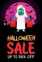 affiche de réduction de 50 % sur la vente d'halloween, bannière avec une fille zombie. conception graphique de vente d'halloween vecteur