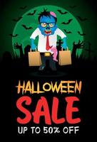 affiche de réduction de 50 % sur la vente d'halloween, bannière avec un employé de bureau zombie. conception graphique de vente d'halloween vecteur