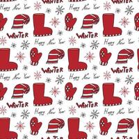 modèle sans couture avec mitaine rouge et blanche du nouvel an, flocons de neige, écharpe, botte, texte hiver sur fond blanc. image vectorielle. vecteur