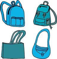 sacs à dos bleus et sacs sur fond blanc. style de griffonnage. image vectorielle. vecteur