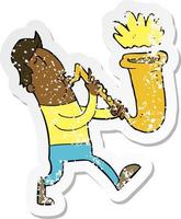 autocollant rétro en détresse d'un homme de dessin animé soufflant du saxophone vecteur
