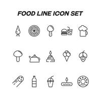 concept de nourriture et de boissons. symbole de plan moderne et trait modifiable. pack d'icônes de ligne comprenant des signes de carotte, pizza, champignon, restauration rapide, bière, bouilloire, gâteau vecteur