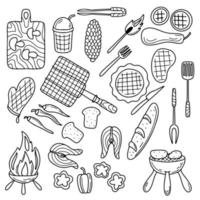 collection de grillades de barbecue dans un style doodle dessiné à la main. ensemble de barbecue. illustration vectorielle. éléments de fête barbecue. vecteur