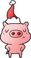 dessin animé dégradé d'un cochon de contenu portant un bonnet de noel vecteur