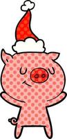 heureux, style bande dessinée, illustration, de, a, cochon, porter, santa chapeau vecteur