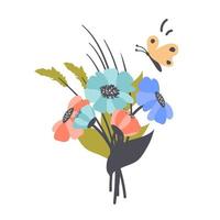 ensemble de beaux bouquets de fleurs de jardin, fleurs, plantes à base de plantes, papillon isolé sur fond blanc. modèle floral pour carte, affiches, fête des femmes, fête des mères. illustration vectorielle vecteur