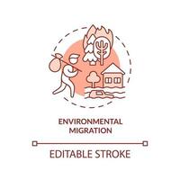 icône de concept de terre cuite de migration environnementale. problèmes écologiques. illustration de la ligne mince de l'idée abstraite de la raison de la réinstallation. dessin de contour isolé. trait modifiable. arial, myriade de polices pro-gras utilisées vecteur