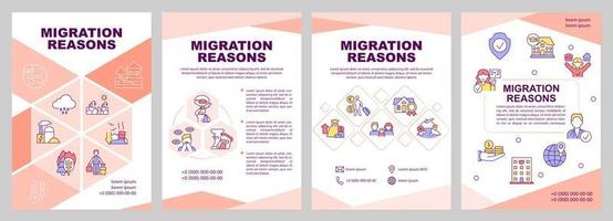 modèle de brochure rose sur les raisons de la migration. causes mouvantes. conception de dépliant avec des icônes linéaires. 4 mises en page vectorielles pour la présentation, les rapports annuels. arial-black, une myriade de polices pro-régulières utilisées vecteur