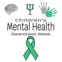 semaine de sensibilisation à la santé mentale des enfants, empreinte de main de bébé, silhouette du cerveau et symbole de psychologie pour affiche ou dépliant vecteur