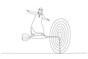 illustration d'un homme d'affaires arabe avec une mallette debout sur une fléchette pour atteindre son objectif commercial. métaphore de la solution, de la réalisation, de la mission et de la direction. dessin au trait continu unique vecteur