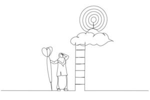 dessin animé d'une femme d'affaires ambitieuse tenant un fléchette haut sur la cible sur le nuage. métaphore du grand rêve, de l'ambition et du défi. style d'art en ligne unique vecteur