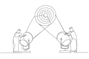 illustration d'un homme d'affaires arabe avec succès de brainstorming d'équipe à cibler. style d'art en ligne unique vecteur