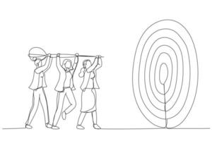 illustration d'une femme d'affaires aide à tenir une fléchette visant la cible de la cible. métaphore de l'objectif d'équipe, collaboration en équipe. style d'art en ligne unique vecteur