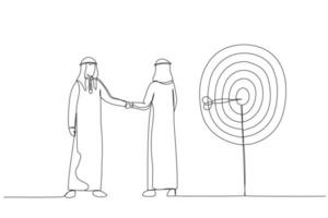 le dessin d'un homme d'affaires arabe secoue les richesses de l'autre. métaphore d'un accord réussi. style d'art en ligne continue unique vecteur