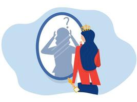 syndrome de l'imposteur, femme reine regardant l'ombre à travers le miroir pour l'anxiété et le manque de confiance en soi au travail image vectorielle vecteur