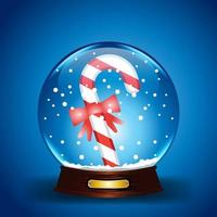 boule de cristal, boule de neige avec canne de Noël enneigée, épinette à l'intérieur, chute de neige, décoration de vacances réaliste, illustration vectorielle vecteur