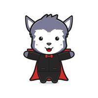 loup mignon porte un costume de vampire icône de mascotte halloween illustration de dessin animé style de dessin animé plat vecteur