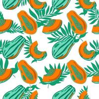 motif harmonieux de papaye stylisée et de feuilles tropicales, éléments dessinés dans un style doodle. papaye entière, parties, tranches, noyau. image de fruits d'été sur fond blanc vecteur