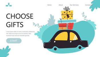 page de destination. bannière pour les coffrets cadeaux web sur la voiture. typographie stylisée de joyeux noël. illustration vectorielle de style plat pour la promotion du nouvel an, offre du nouvel an, remises, cadeaux vecteur