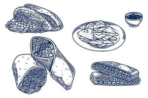 gravure de nourriture dessin à la main ensemble de nourriture mexicaine sur fond blanc. vecteur