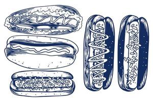 gravure alimentaire dessin à la main ensemble de quatre hot-dogs sur fond blanc. vecteur