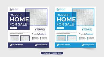 élégant modèle d'entreprise de vente à domicile pour le marketing des médias sociaux. vecteur de bannière web promotionnelle d'entreprise immobilière avec des couleurs violettes et bleues. modèle de vente à domicile minimaliste pour le marketing.