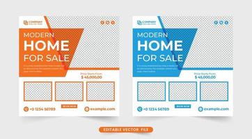 modèle de marketing de médias sociaux d'entreprise immobilière avec des couleurs orange et bleues. conception de bannières web de vente de maisons modernes pour la publicité. vecteur de conception d'affiche promotionnelle de vente de propriété de maison.