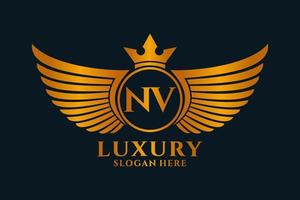 lettre d'aile royale de luxe nv crête vecteur de logo couleur or, logo de victoire, logo de crête, logo d'aile, modèle de logo vectoriel.