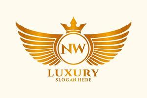 lettre d'aile royale de luxe nw crête logo couleur or vecteur, logo de victoire, logo de crête, logo d'aile, modèle de logo vectoriel. vecteur