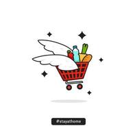 illustration vectorielle de livraison de supermarché de marchandises quotidiennes avec caddie volant avec aile en style cartoon vecteur