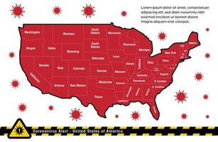 usa états-unis amérique carte d'avertissement d'alerte corona avec illustration vectorielle de frontière de région politique vecteur