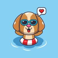 chien mignon à lunettes de soleil nageant sur l'illustration de dessin animé de plage vecteur