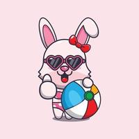 lapin mignon à lunettes de soleil avec illustration de dessin animé de ballon de plage. vecteur