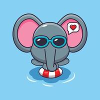 éléphant mignon à lunettes de soleil nageant sur l'illustration de dessin animé de plage vecteur