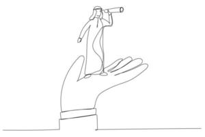 dessin animé d'homme d'affaires arabe debout sur la main de soutien regarde dans la vision du télescope. soutien ou habilitation pour le développement de carrière. style d'art en ligne continue unique vecteur
