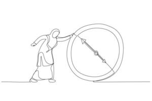 illustration d'une femme d'affaires musulmane courant derrière une horloge en cours d'exécution. un style d'art en ligne continue vecteur