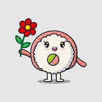 personnage de dessin animé mignon sushi tenant une fleur rouge vecteur