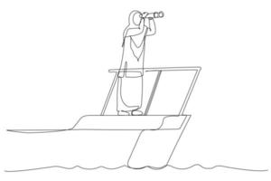 dessin animé d'une femme d'affaires musulmane intelligente capitaine de bateau contrôle barre de volant avec vision de télescope. leadership d'entreprise et visionnaire pour diriger le succès de l'entreprise. style d'art en ligne continue vecteur