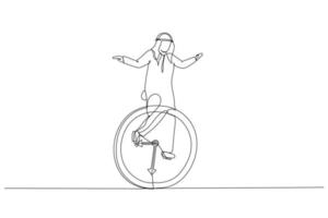 dessin d'un homme d'affaires arabe faisant du vélo d'horloge vintage. concept de gestion du temps ou d'équilibre travail-vie personnelle. style d'art en ligne unique vecteur