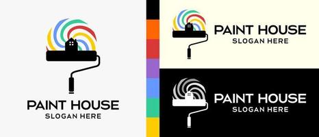 modèle de conception de logo de peinture de bâtiment cool. brosse à rouleau avec silhouette et icône de maison dans les éléments de tourbillon arc-en-ciel. illustration vectorielle d'un logo pour mur ou peinture de construction. vecteur premium