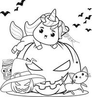 livre de coloriage d'halloween avec une licorne mignonne vecteur