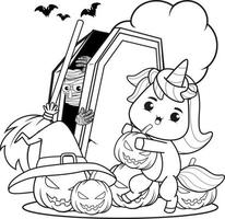 livre de coloriage d'halloween avec une licorne mignonne vecteur